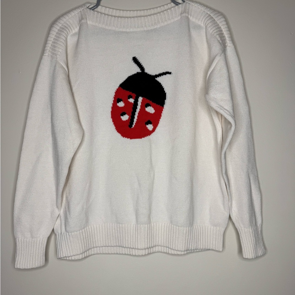 LOFT White Sweater with Red and Black Ladybug Design 100% Cotton